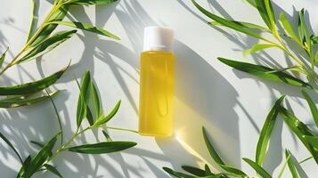 natural tea tree oil displayed with tea tree leaves on a clean white background photo