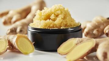 organic ginger face scrub in a container, surrounded by fresh ginger roots, displayed on a clean white background photo