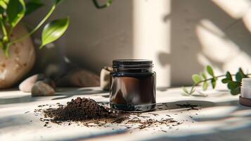 organic clay facial moisturizer with natural herbs and clay chunks in a jar on a wooden table photo