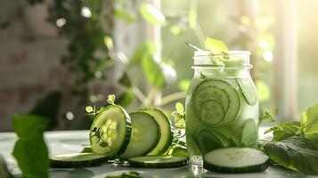 organic cucumber face mask in a glass jar with cucumber slices and leaves on a wooden table for natural skincare routine. photo