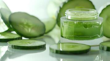 nourishing cucumber face cream in a jar surrounded by fresh cucumber slices on a clean white surface. photo