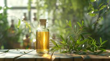 natural tea tree oil bottle with fresh leaves on wooden table for aromatherapy and skincare benefits. photo