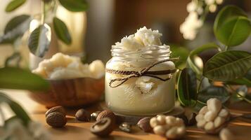 organic shea butter hair mask in a jar with shea nuts and leaves on a wooden table photo