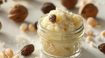 organic shea butter face scrub in a clear jar with shea nuts on a clean white background in natural lighting. photo