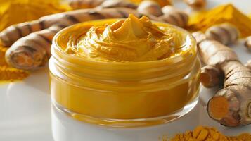 organic turmeric face cream in a container, with turmeric roots, against a clean white background photo