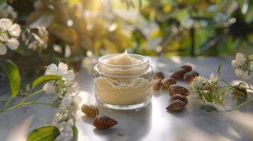 organic shea butter lotion with shea nuts and leaves displayed on a wooden table photo