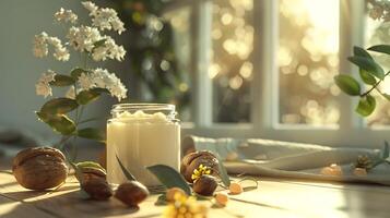 organic shea butter lotion displayed with shea nuts and leaves in a rustic setting photo