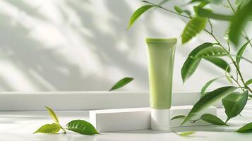 organic green tea face lotion tube displayed with fresh green tea leaves on white background photo