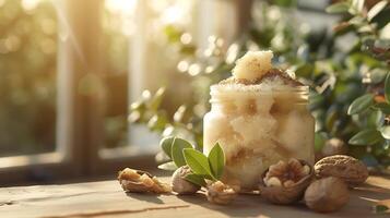organic shea butter body scrub in a jar with shea nuts and leaves on a rustic wooden table photo