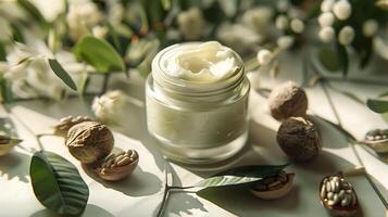 organic shea butter facial moisturizer with shea nuts and leaves in a glass jar on a wooden table photo