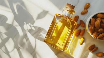 a bottle of high-quality vitamin e oil displayed on a clean white surface alongside fresh organic almonds, ideal for skincare and wellness needs. photo
