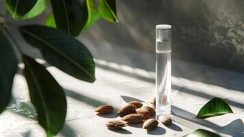 a tube of vitamin e facial toner placed on a wooden table with fresh almonds and green leaves for skincare routine. photo