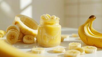 organic banana face mask in a glass jar showcased against a clean white background, surrounded by slices of fresh banana for a natural skincare routine. photo