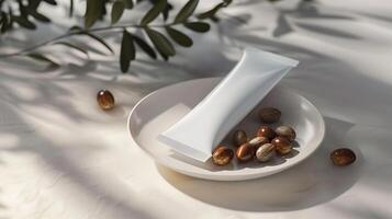 luxurious argan oil face cream tube displayed with argan nuts on a clean white background. photo