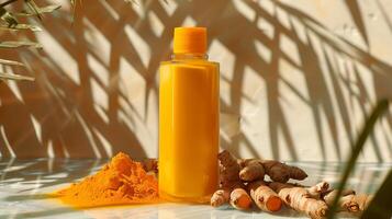 an image of turmeric facial toner in a jar, accompanied by turmeric roots and powder on a wooden table. photo