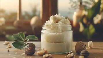 organic shea butter body butter in a glass jar with shea nuts and leaves on a wooden table photo