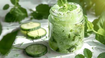refreshing cucumber body scrub with fresh cucumber slices and leaves in a jar on a wooden table photo