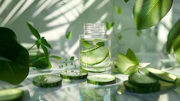 refreshing cucumber facial toner with fresh cucumber slices and leaves in a glass jar on a wooden table photo