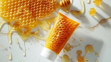 organic honey face mask resting on white background with honeycomb pattern, perfect for skincare routine. photo