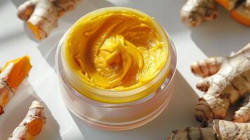 organic turmeric face cream container with fresh turmeric roots on white background photo