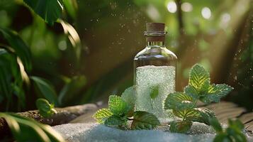 refreshing peppermint body scrub displayed with fresh peppermint leaves on a rustic table top photo