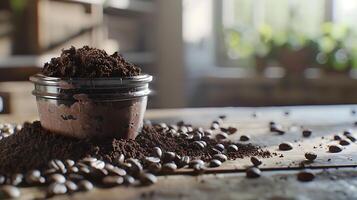 a refreshing coffee body scrub in a sleek container displayed on a rustic table surrounded by aromatic coffee beans and grounds. photo