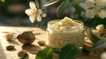 organic shea butter body butter with shea nuts and leaves in a jar on wooden table photo