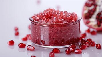 pomegranate face scrub in a jar displayed on a clean white surface alongside vibrant pomegranate seeds for natural skincare routine. photo