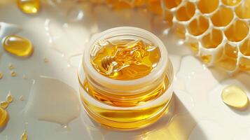 organic honey face cream in a glass container on a clean white background, next to a delicate honeycomb for skincare routine. photo