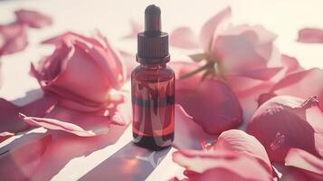 rose oil bottle with fresh rose petals on white background for skincare and aromatherapy. photo