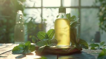 organic peppermint conditioner displayed on a wooden table with aromatic peppermint leaves photo