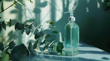 refreshing eucalyptus face wash bottle with fresh leaves on a table photo