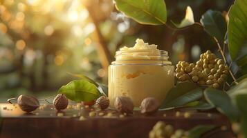 organic shea butter body cream in a glass jar with shea nuts and leaves on wooden table photo