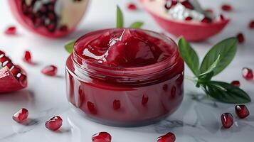 refresh your skincare routine with a luxurious container of pomegranate face mask surrounded by fresh pomegranate seeds on a clean white background. photo