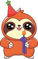 cute sloth holding birthday candle, with number 1 vector
