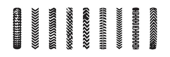 Set of various black tire tracks isolated on a white background. Concept of vehicle patterns, car tread designs, off-road marks, distinct tire imprints. Texture, pattern, automotive design elements vector