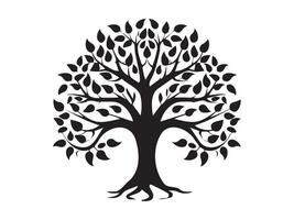 Black silhouette of a tree with intricate branches and leaves isolated on a white background. Concept of nature illustration, decorative tree art, minimalist style, botanical design element vector