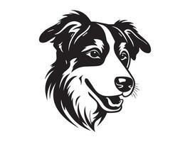 Black and white Silhouette illustration of a happy dog head isolated on a white background. Concept of pet, domestic animal, canine portrait, cheerful expression. Print, icon, design element vector