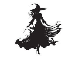Black silhouette of a witch in a flowing dress with a pointed hat isolated on white background. Concept of Halloween, occult, magic, mysterious figure. Print, icon, design element vector
