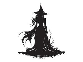 Black silhouette of a witch in a flowing dress with a pointed hat isolated on white background. Concept of Halloween, occult, magic, mysterious figure. Print, icon, design element vector