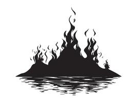 Black Silhouette of Burning Mountain Reflected in Water. Concept of Nature Illustration, Mountain on Fire, Tranquil Reflection, Dramatic Scenery. Print, Icon, Design Element vector