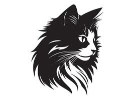 Black Silhouette of a Long-Haired Cat Isolated on a White Background. Concept of Pet Illustration, Domestic Animal, Minimalist Style, Feline Artwork. Print, Icon, Design Element vector