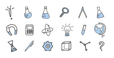 Set of hand-drawn science icons including beaker, atom, magnifying glass, compass, magnet, lightbulb, globe, gear and other, isolated on white. Concept of education, research. Design elements. vector
