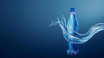 A clear bottle filled with sparkling blue water stands prominently against a deep blue backdrop. Water splashes around it, creating a refreshing atmosphere photo