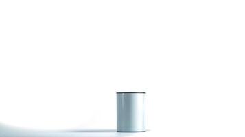 A sleek, unlabeled can of cat food stands prominently on a minimalistic surface, emphasizing its elegant design and quality. The setting is clean and neutral, drawing attention to the product photo