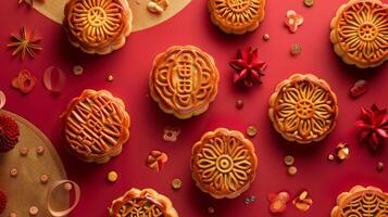 Delightful assortment of mooncakes is arranged on a vibrant background, embellished with festive decorations, perfect for a joyous celebration photo