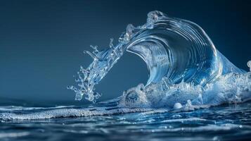 A vibrant water wave curls with elegance, capturing light and showcasing intricate details against a dark background during twilight. The scene conveys tranquility and movement photo