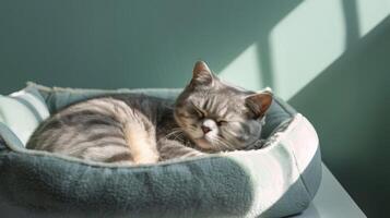 A fluffy gray cat lies comfortably curled up in a cozy bed, basking in the warmth of the sun that filters through a window onto a clean white surface photo