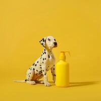 A Dalmatian puppy, with its distinctive black spots, sits upright next to a bright yellow unlabeled spray bottle. The cheerful yellow background enhances the lively atmosphere photo