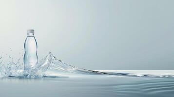 A water bottle gracefully emerges from the tranquil surface, creating dynamic ripples and splashes. The light setting emphasizes clarity and refreshment, showcasing the purity of water photo
